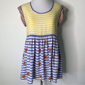Matilda Jane Women's Yellow/Blue Striped Floral Short Sleeve High Low Blouse XS
